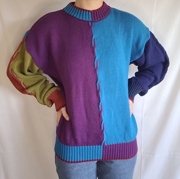 Vintage Color Block Mock Neck 100% Cotton Knit Sweater - Picture 3 of 6